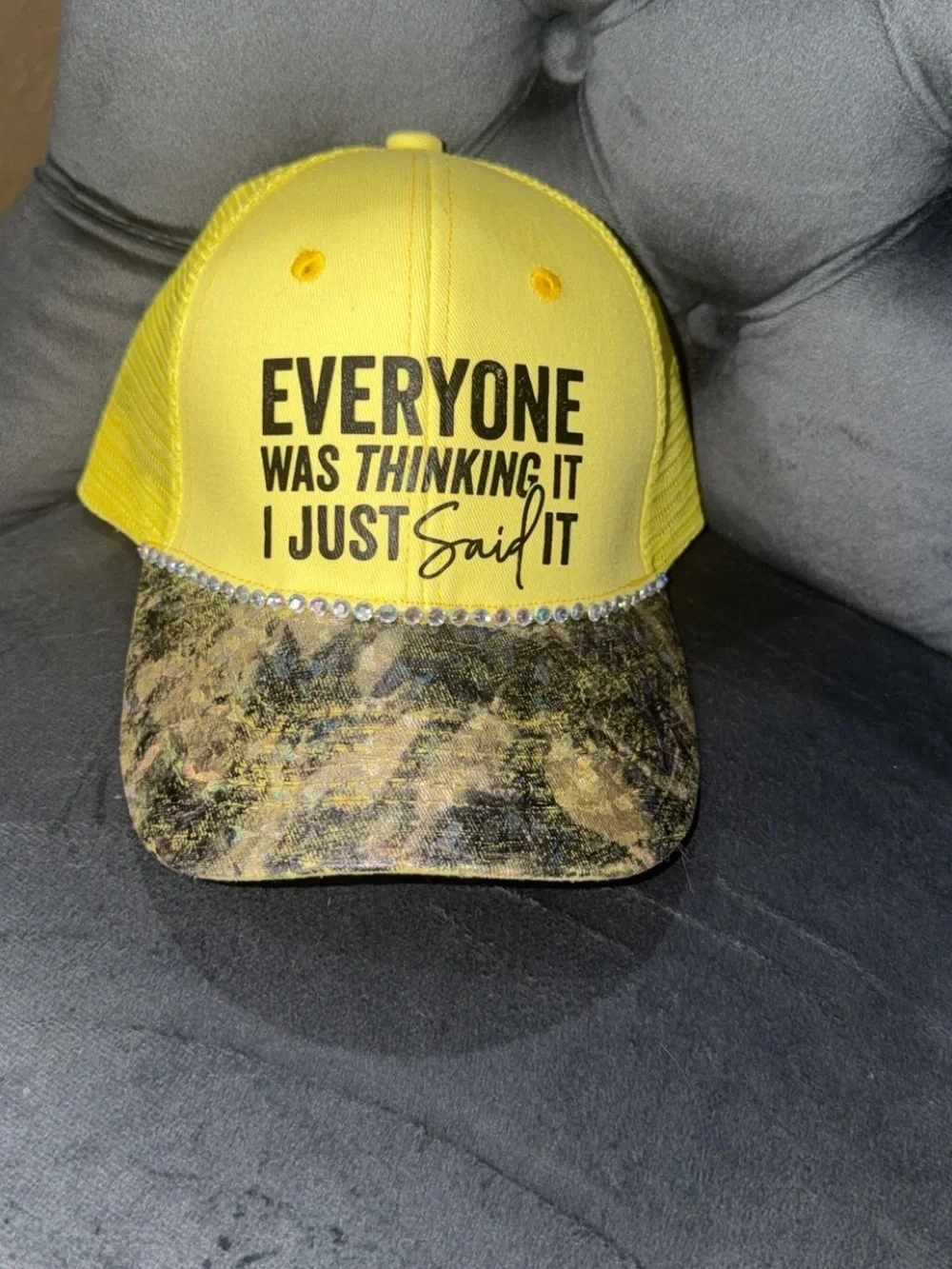 Yellow Graphic Mesh Baseball Cap with Rhinestone Trim